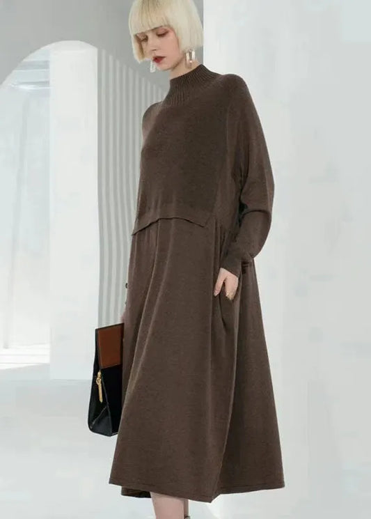 Bohemian Coffee Turtle Neck Patchwork Solid Wool Knit Sweater Dress Long Sleeve