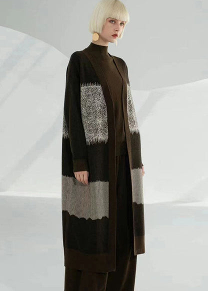 Unique Coffee Green V Neck Patchwork Print Wool Knit Cardigan Long Sleeve