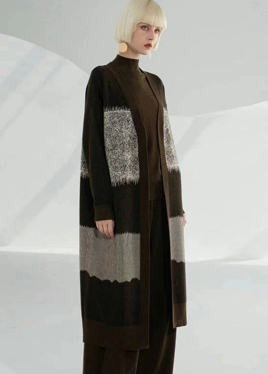 Unique Coffee Green V Neck Patchwork Print Wool Knit Cardigan Long Sleeve