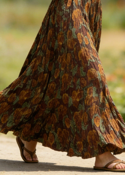 Bohemian Coffee Wrinkled Print Cotton Skirts Spring