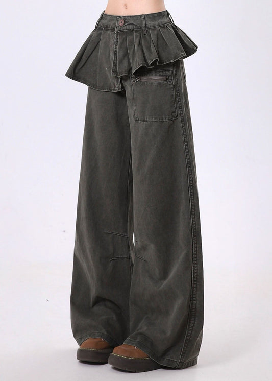 Original Design Asymmetrical Wrinkled Patchwork Denim Wide Leg Pants Spring