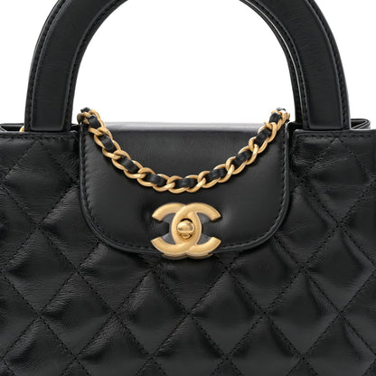 Shiny Aged Calfskin Quilted Nano Kelly Shopper Black