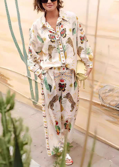 Casual Apricot Peter Pan Collar Tiger Print Shirts And Wide Leg Pants Two Piece Set Fall