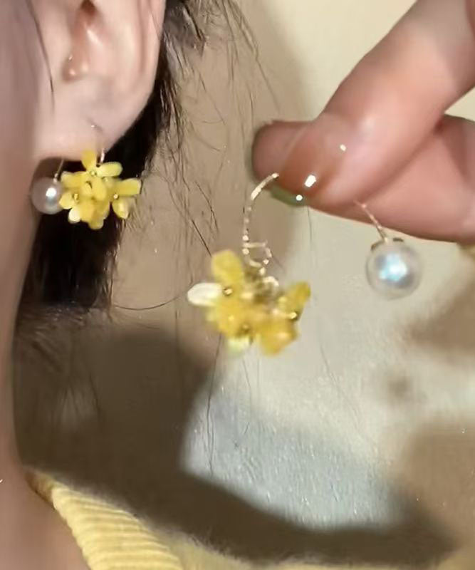 Cute Yellow Copper Acrylic Pearl Floral Hoop Earrings