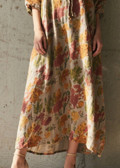 Boho Khaki Tie Neck Print Cotton Holiday Dress Summer