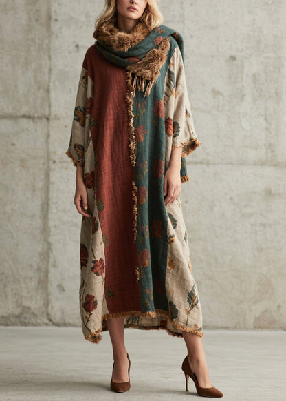 Casual Colorblock Oversized Patchwork Faux Fur Maxi Dresses Bracelet Sleeve