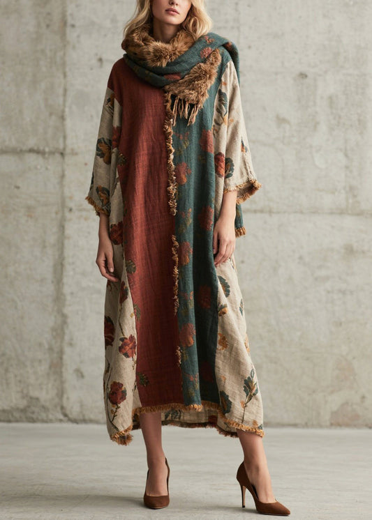 Casual Colorblock Oversized Patchwork Faux Fur Maxi Dresses Bracelet Sleeve