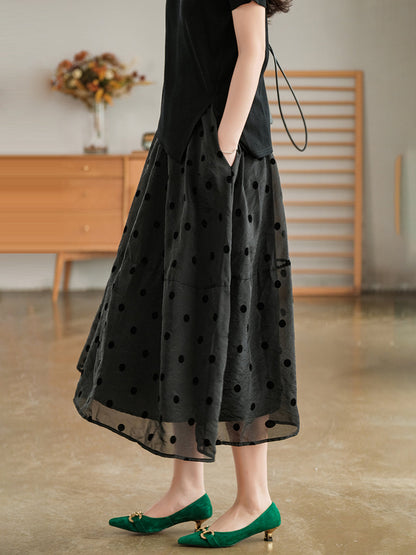 Dot Double Layers Casual Elastic Waist Skirt