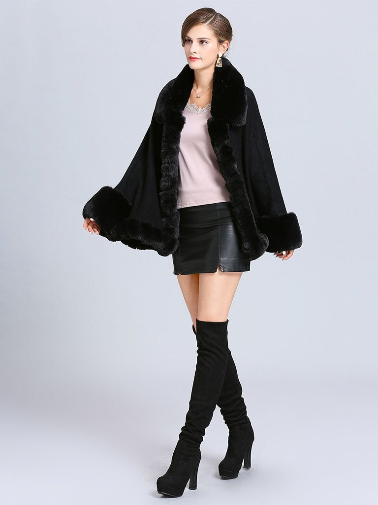 Women Poncho Sweater Faux Fur Coat Shawl Collar
