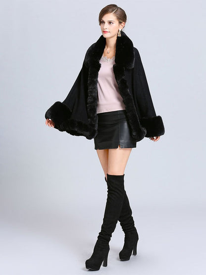 Women Poncho Sweater Faux Fur Coat Shawl Collar