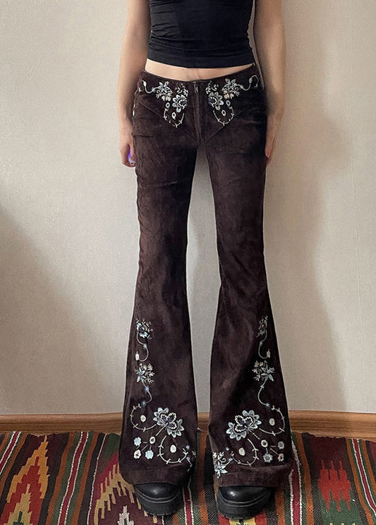 Slim Fit Chocolate Embroidered Floral Denim Flared Trousers