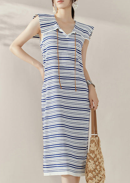 Loose Blue Sailor Collar Striped Knit Long Dresses Sleeveless