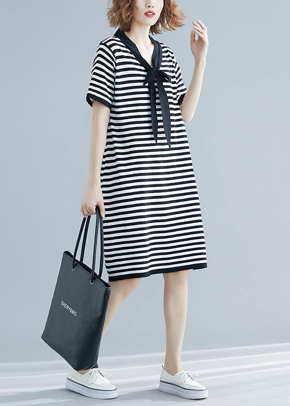 Beautiful Black White Narrow Striped Short Sleeve Summer Cotton Dress