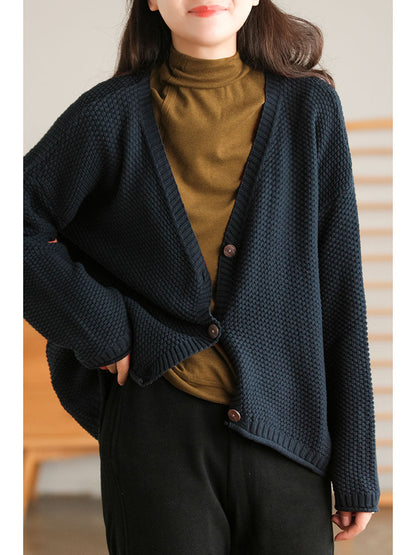 Women Winter Artsy Knitted Button Hemming Solid Sweater