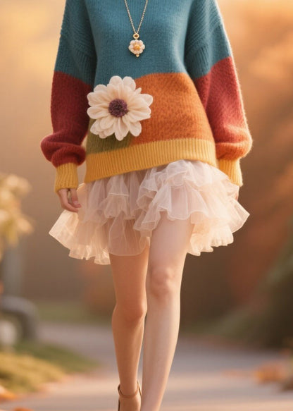 Plus Size Colorblock O Neck Floral Knit Pullover Fall