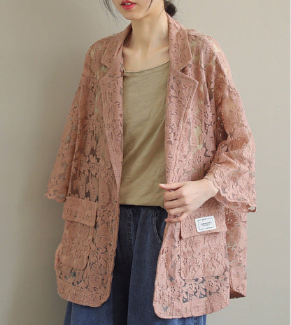 Loose Lace Embroidered Suit Collar Casual Slim Coat
