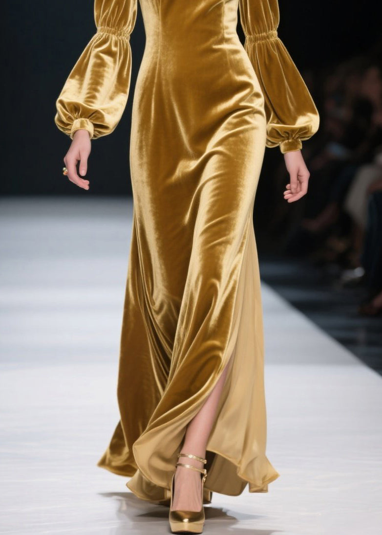 Plus Size Yellow Ruffled Patchwork Velvet Long Dress Fall
