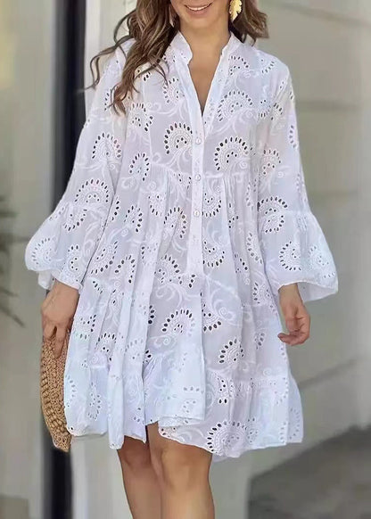 Casual Pink Oversized Hollow Out Cotton Sun Dress Summer