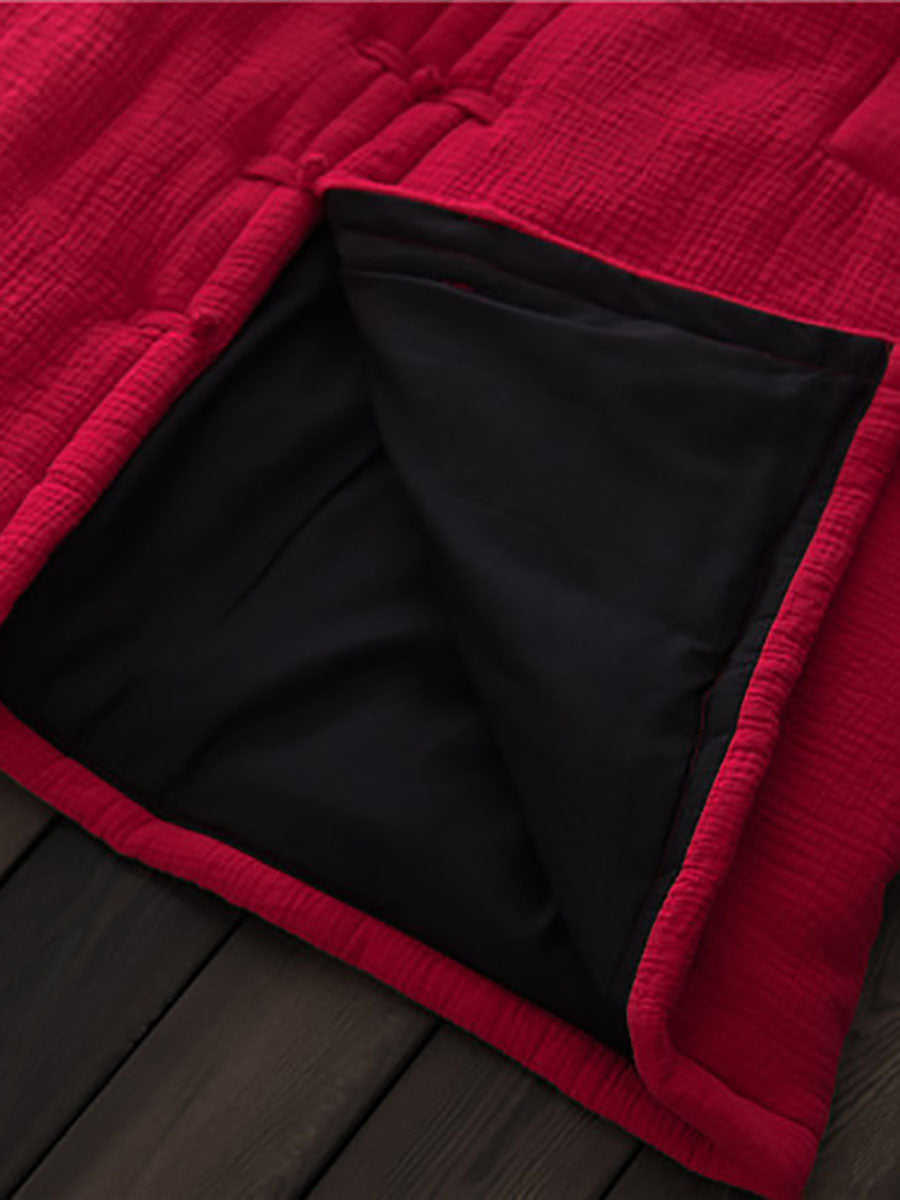 Women Winter Vintage Solid Frog Pocket Hooded Long Coat