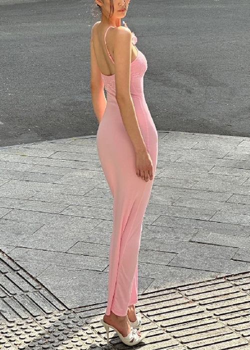 Slim Fit Pink Cold Shoulder Solid Cotton Spaghetti Strap Dress Sleeveless