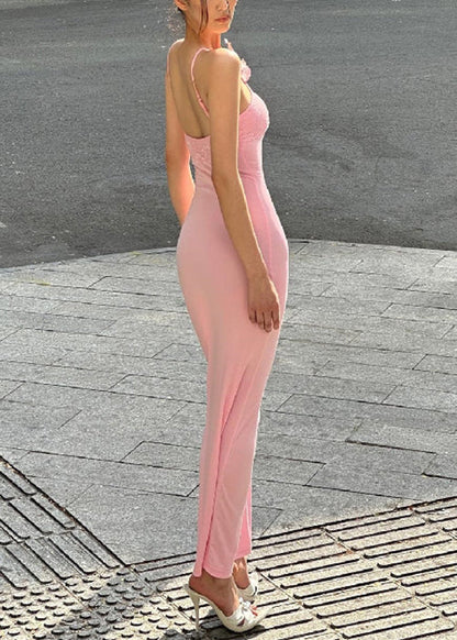 Slim Fit Pink Cold Shoulder Solid Cotton Spaghetti Strap Dress Sleeveless
