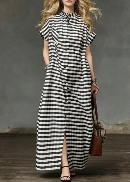 Plus Size Striped Pockets Side Open Cotton Long Dresses Summer