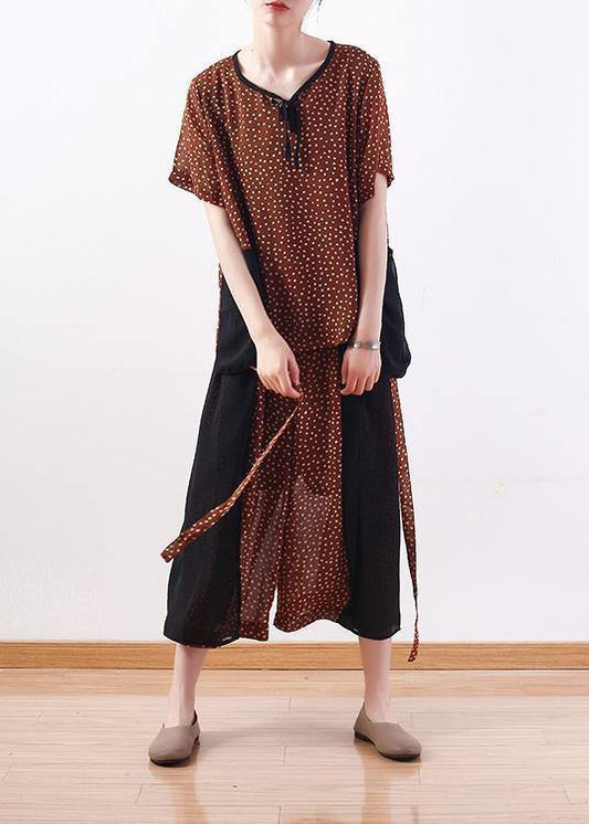 2019 khaki casual two pieces chiffon dotted tops and patchwork wide leg pants