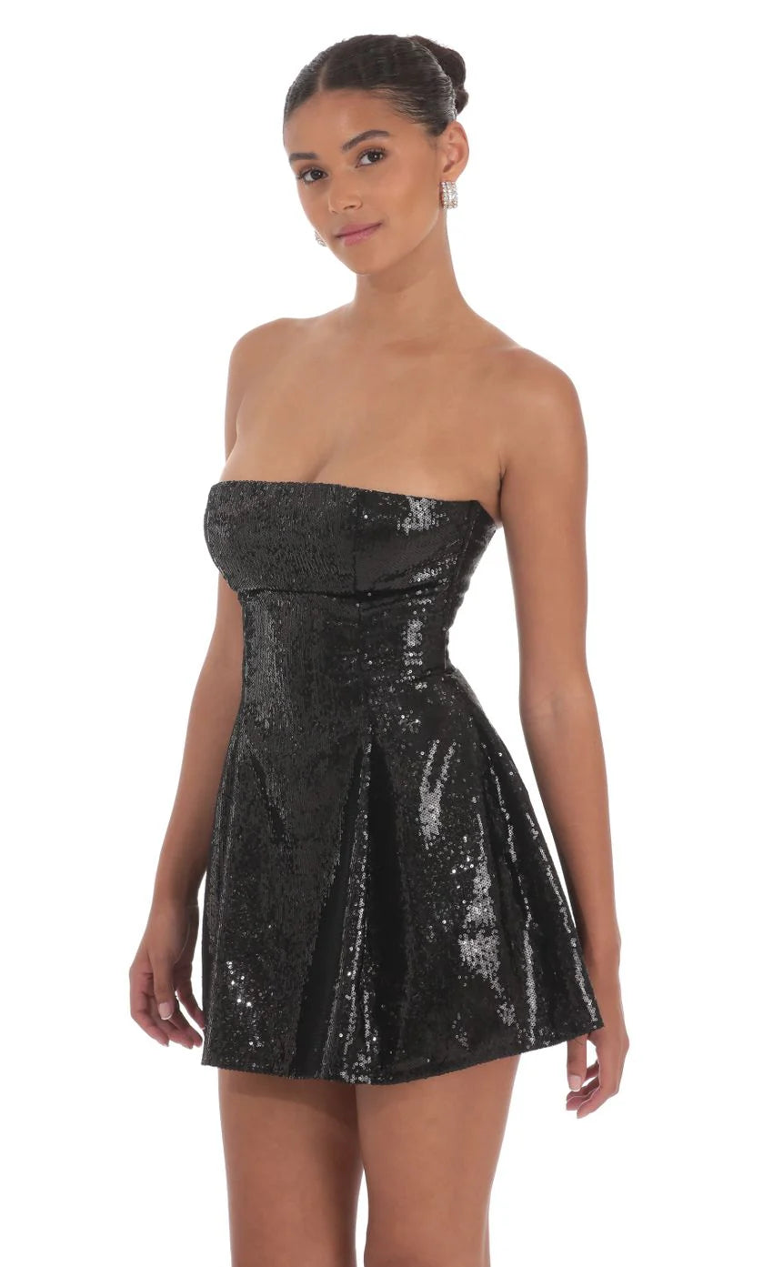 Sequin Strapless Fit and Flare Dress in Black