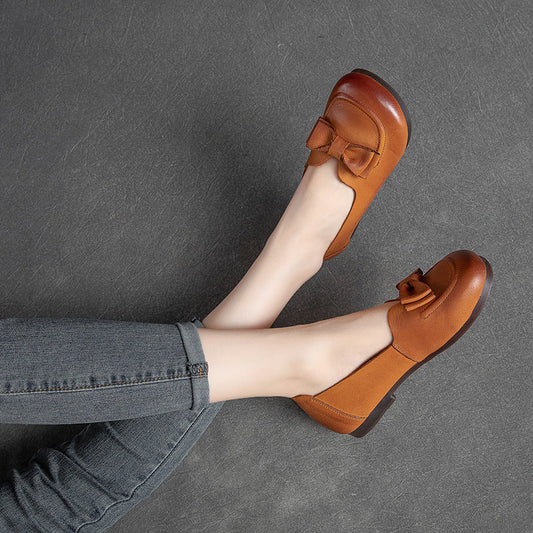 Spring Summer Women Retro Leather Bowknot Loafers