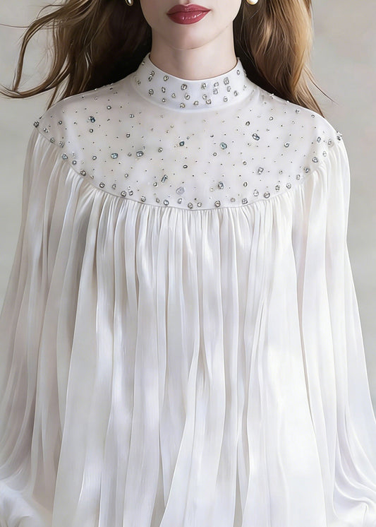 White Zircon Wrinkled Shirt Stand Collar Spring