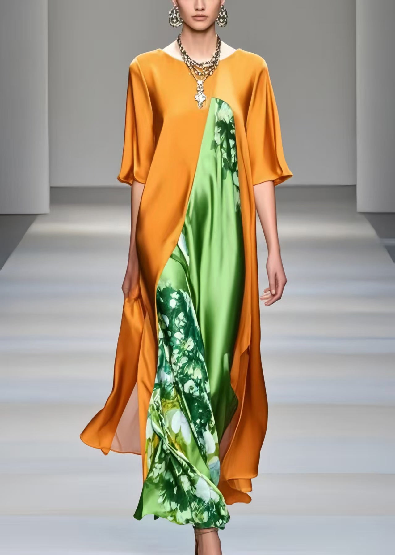 Bohemian Orange Oversized Patchwork Silk Dresses Half Sleeve