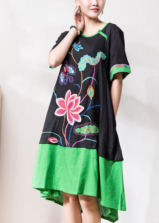 Chic black embroidery linen dresses o neck patchwork Dresses summer Dress