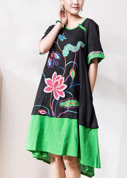 Chic black embroidery linen dresses o neck patchwork Dresses summer Dress