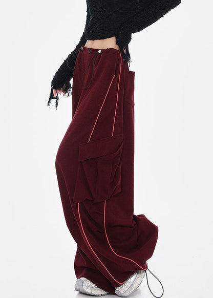 Stylish Grey Pockets Drawstring Cotton Wide Leg Pants Spring