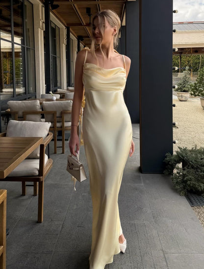 Satin Cowl-Back Open-Back Dress with 3D Flower Straps