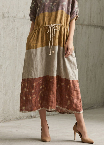 Plus Size Colorblock O Neck Lace Up Cotton Long Dress Summer