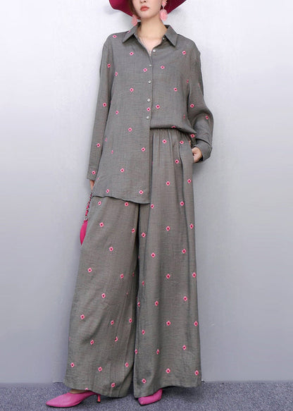 Coordinated Style Grey Two-Piece Outfit Vibrant Pink Embroidered Details