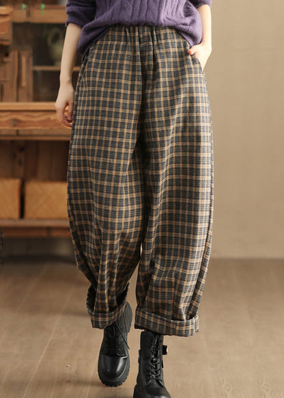 Casual Pockets Plaid Elastic Waist Trousers Spring