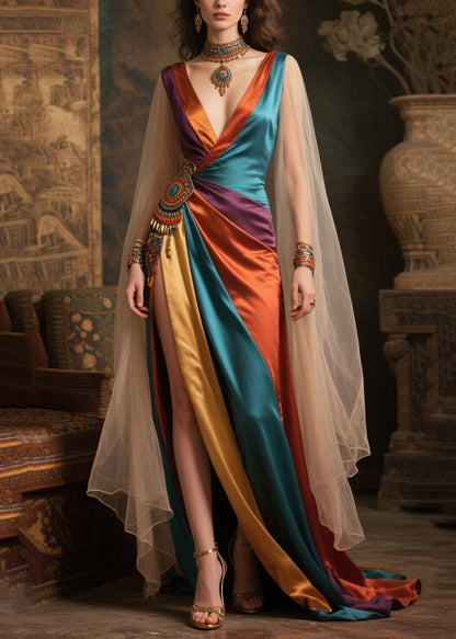 Women Mixed Color Deep-V neck Patchwork Exra Large Hem Dresses Summer