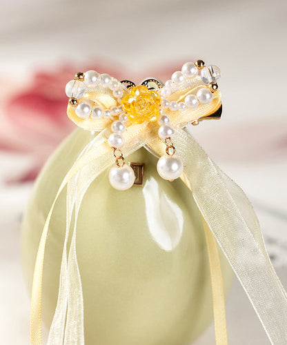 Elegant Yellow Copper Alloy Chiffon Pearl Colored Glaze Ribbon Kids Hairpin