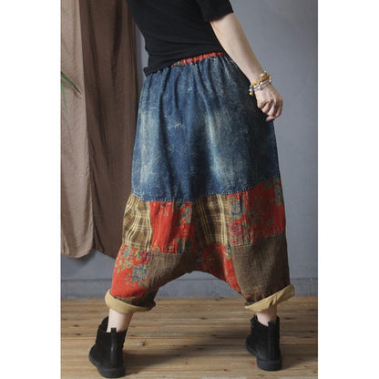 Stitching Pocket Drawstring Denim Low Drop Crotch Baggy Pants
