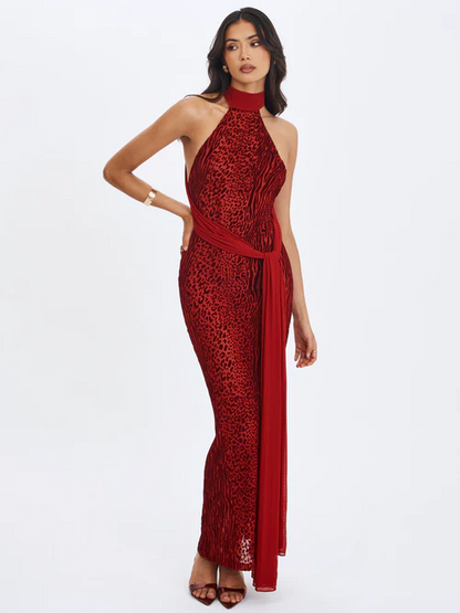 Red Flocked Leopard Print Halter Open-Back Sash Maxi Dress