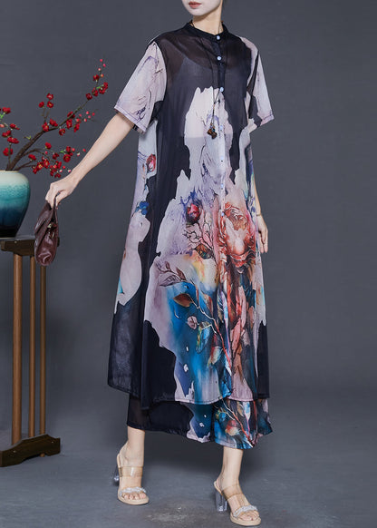 2025 New Black Oversized Print Chiffon Two Pieces Set Summer