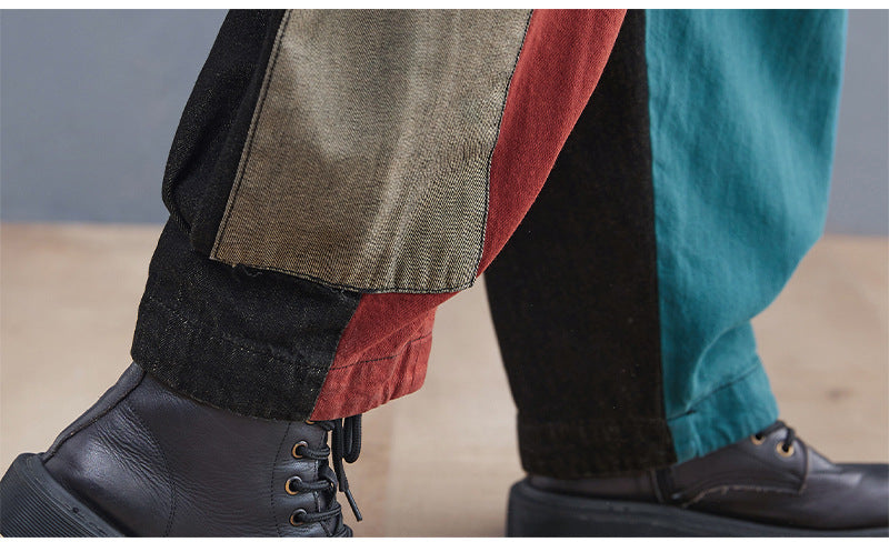 New Literary Plus Size Stitching Denim Harem Pants