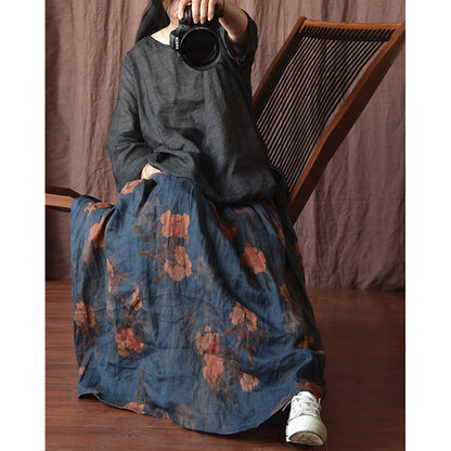 Plus Size  Cozy Retro Floral Linen Skirt