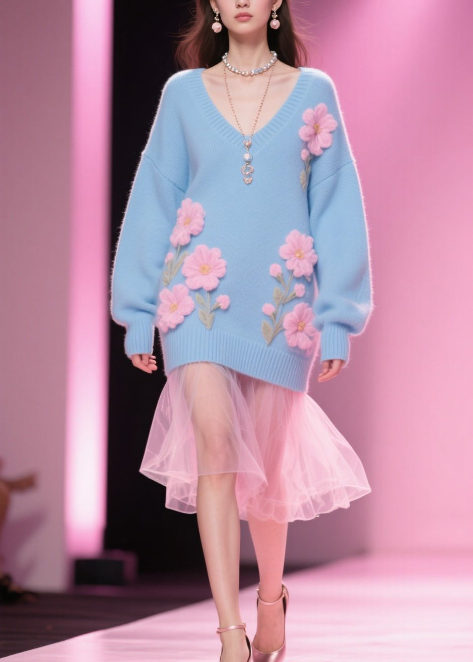 Plus Size Blue V Neck Floral Knit Pullover Winter