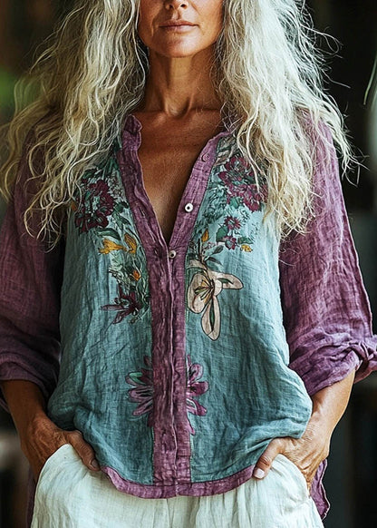 Loose Purple O-Neck Print Button Shirt Spring