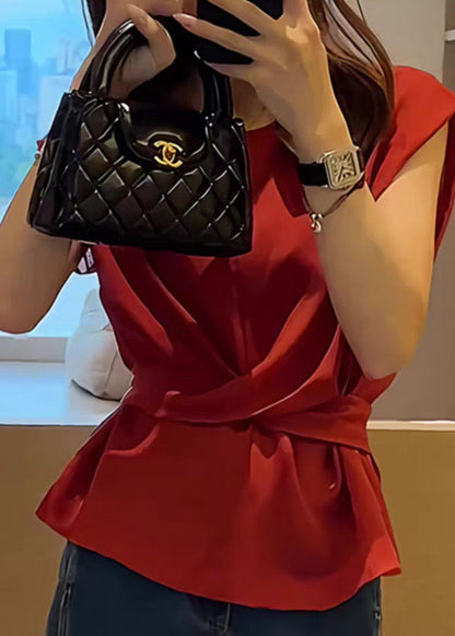 French Red Tie Waist Solid Top Sleeveless