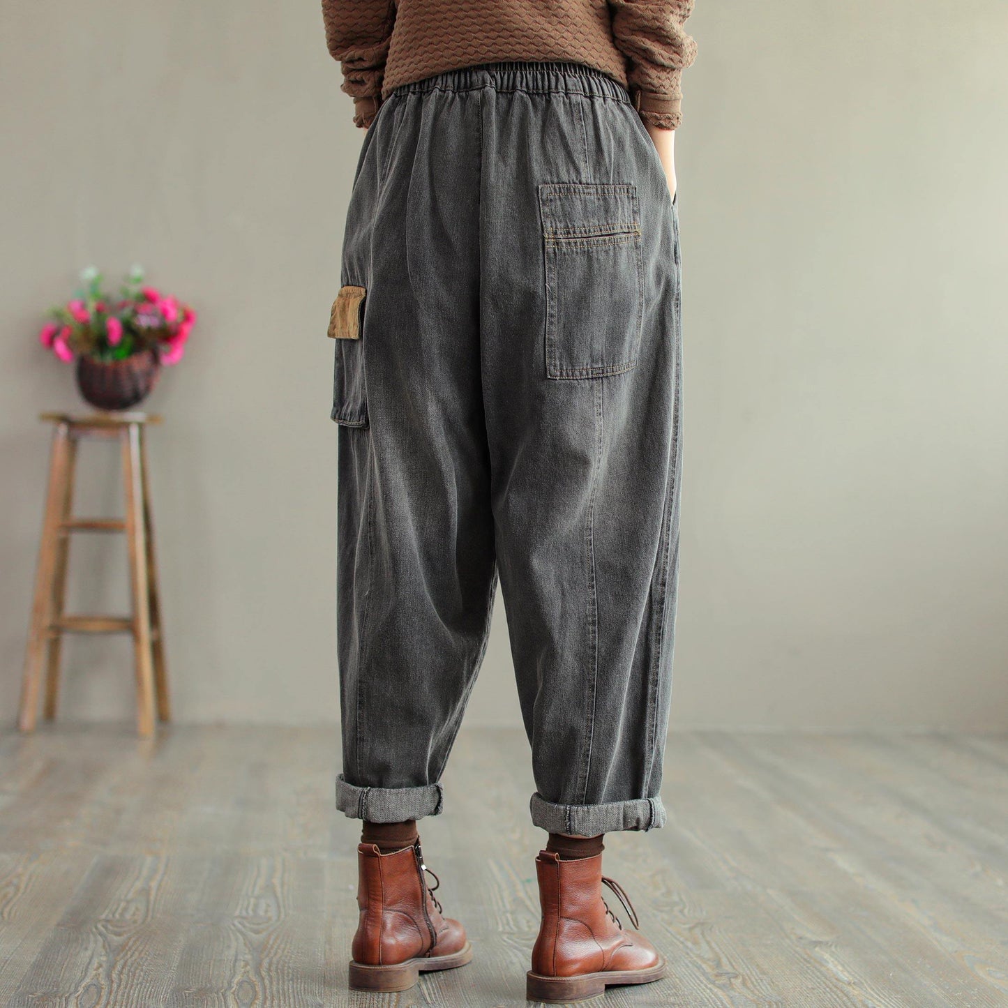 Autumn Retro Patchwork Loose Cotton Harem Jeans