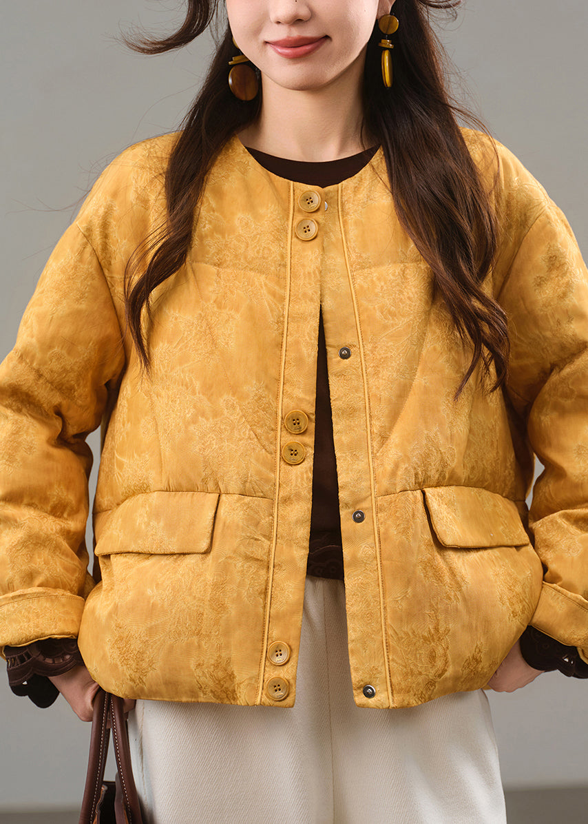Jacqua Yellow O-Neck Button Pockets Down Coat Winter